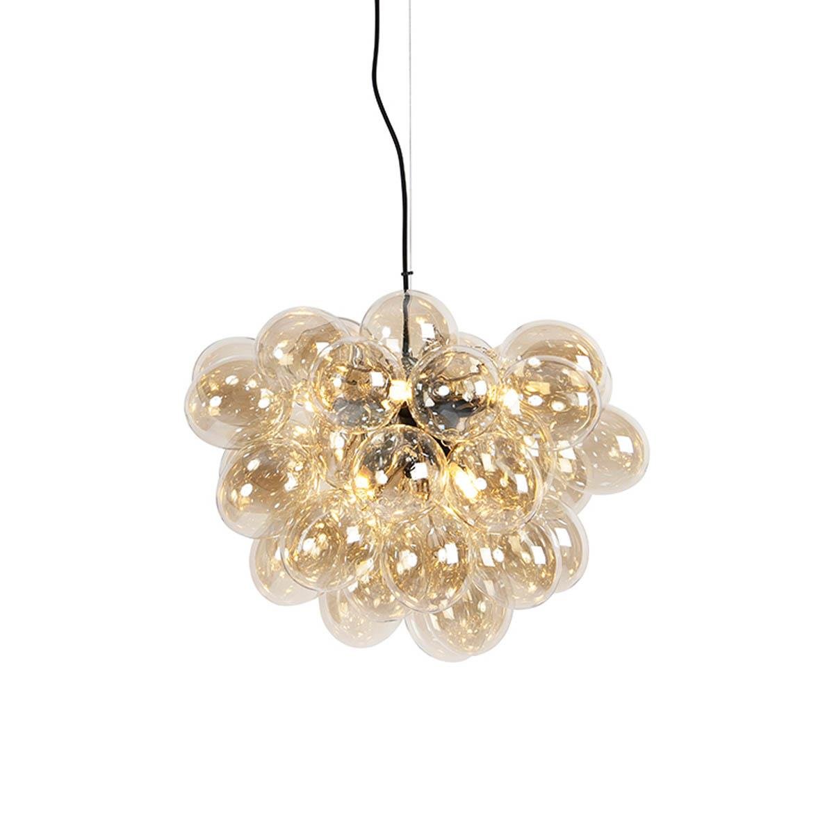 QAZQA Art Deco Hanglamp Zwart Met Amber Glas 8 Lichts Uvas Kopen