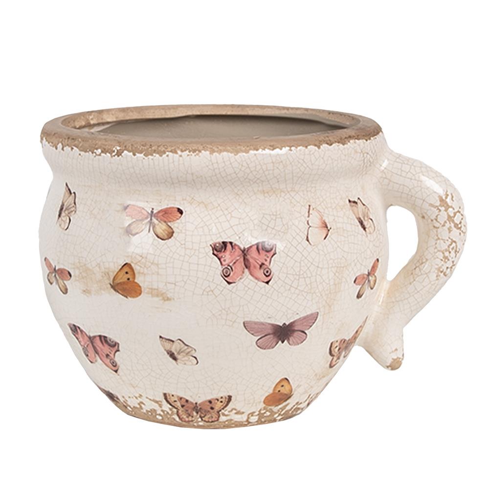 Clayre Eef Bloempot Binnen 17x14x12 Cm Beige Roze Keramiek Vlinders