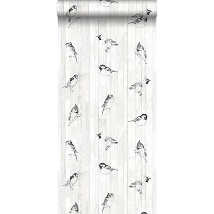 ESTAhome behang pengetekende vogels op sloophout planken zwart en mat