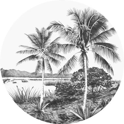 ESTAhome zelfklevende behangcirkel tropisch landschap met palmbomen zw