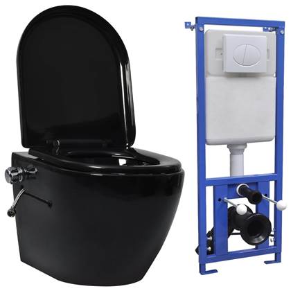 vidaXL Hangend Toilet met Ingebouwde Stortbak Zwart Keramiek WC Wandtoilet 