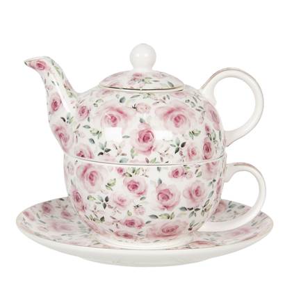 Clayre & Eef Tea for One 400 ml - 250 ml Wit Roze Porselein Rond