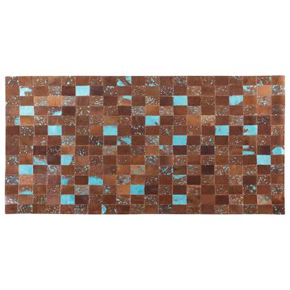 Tapijt bruin-blauw patchwork leer huid karpet 80x150 cm ALIAGA