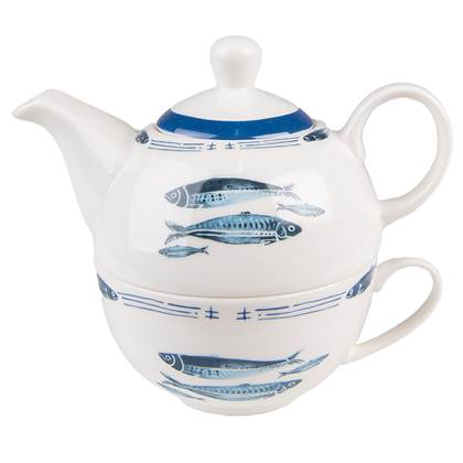 Clayre & Eef Tea for One 400 ml Wit Blauw Porselein Vissen Theepot set