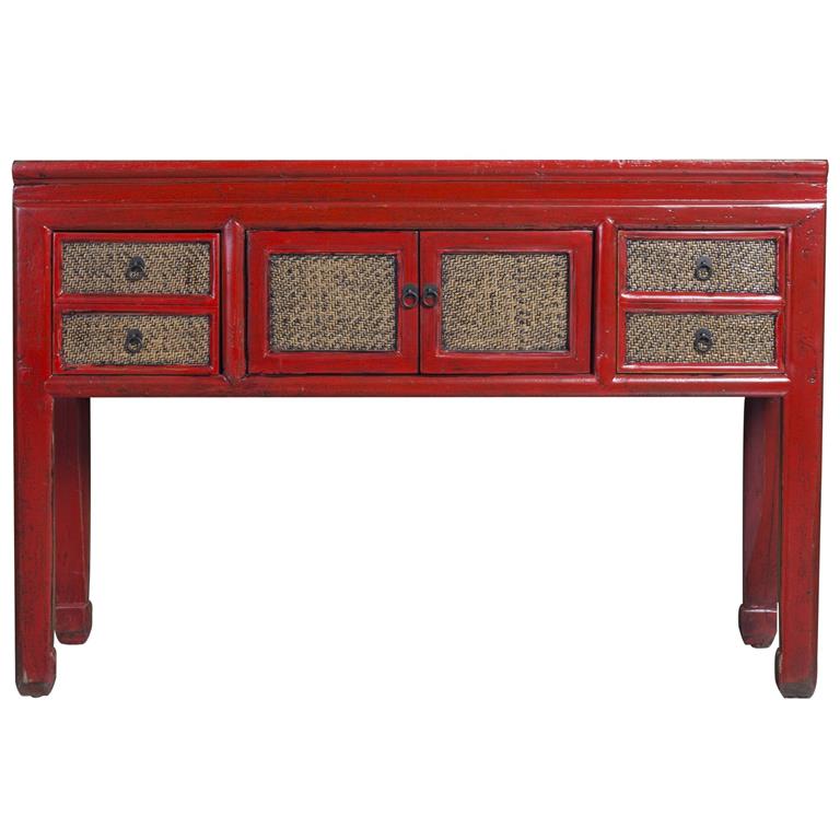 Fine Asianliving Antieke Chinese Sidetable Rood Bamboe Webbing