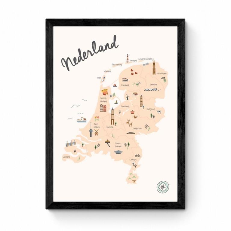 Kunst in Kaart Nederland Kinder landkaart Beige Ingelijst A3