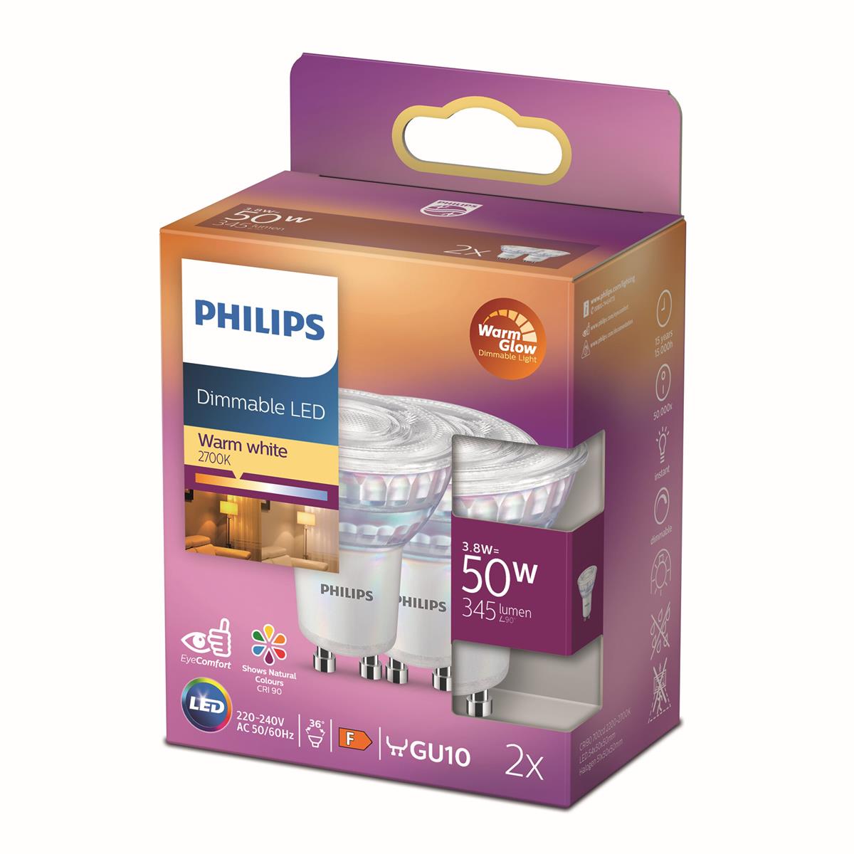 Philips Led Warmglow Spot Dimbaar 2 Pack Gu10 36d 3 8w 345lm 2700