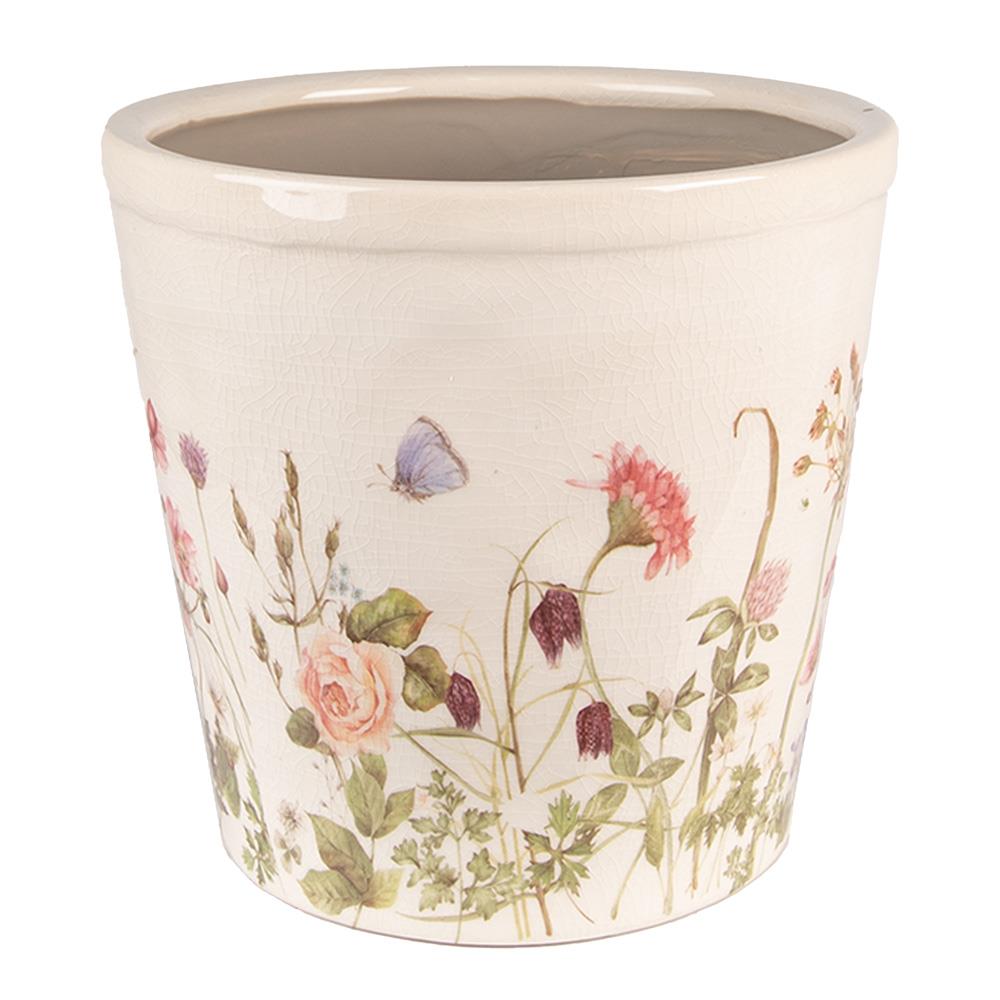 Clayre & Eef Bloempot  Ø 21x19 cm Roze Beige Keramiek Bloemen Bloempot