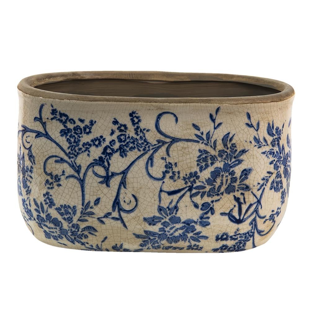 Clayre & Eef Bloempot  22x10x12 cm Blauw Wit Keramiek Bloemen Bloempot