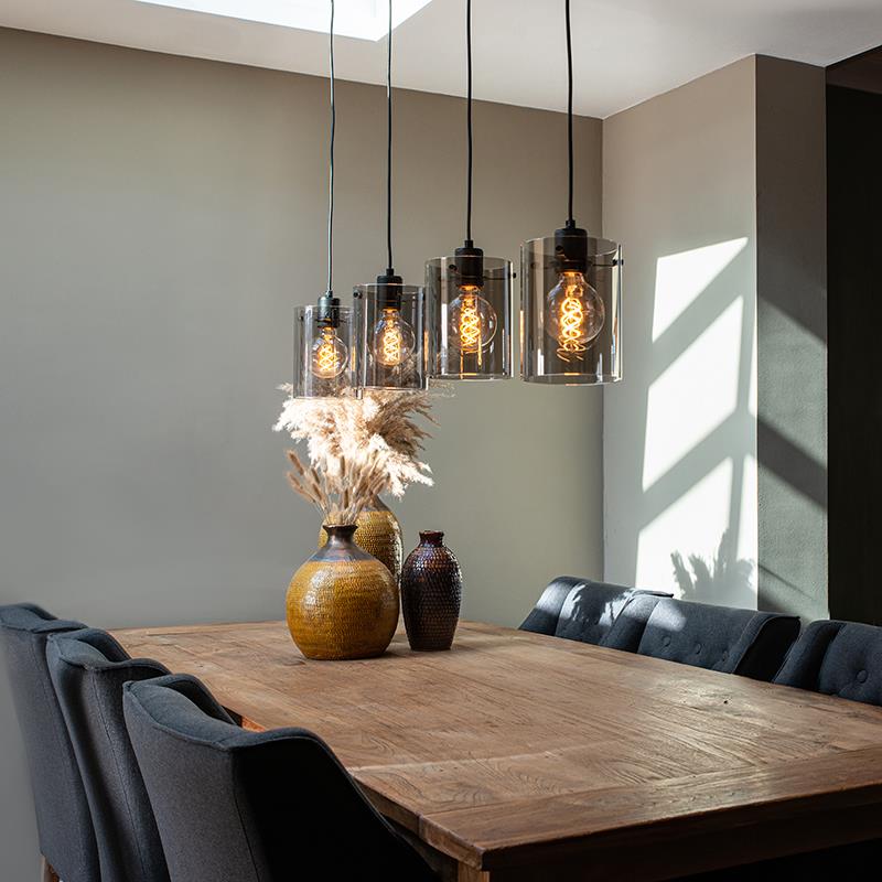 QAZQA Design hanglamp zwart met smoke glas 4-lichts - Dome
