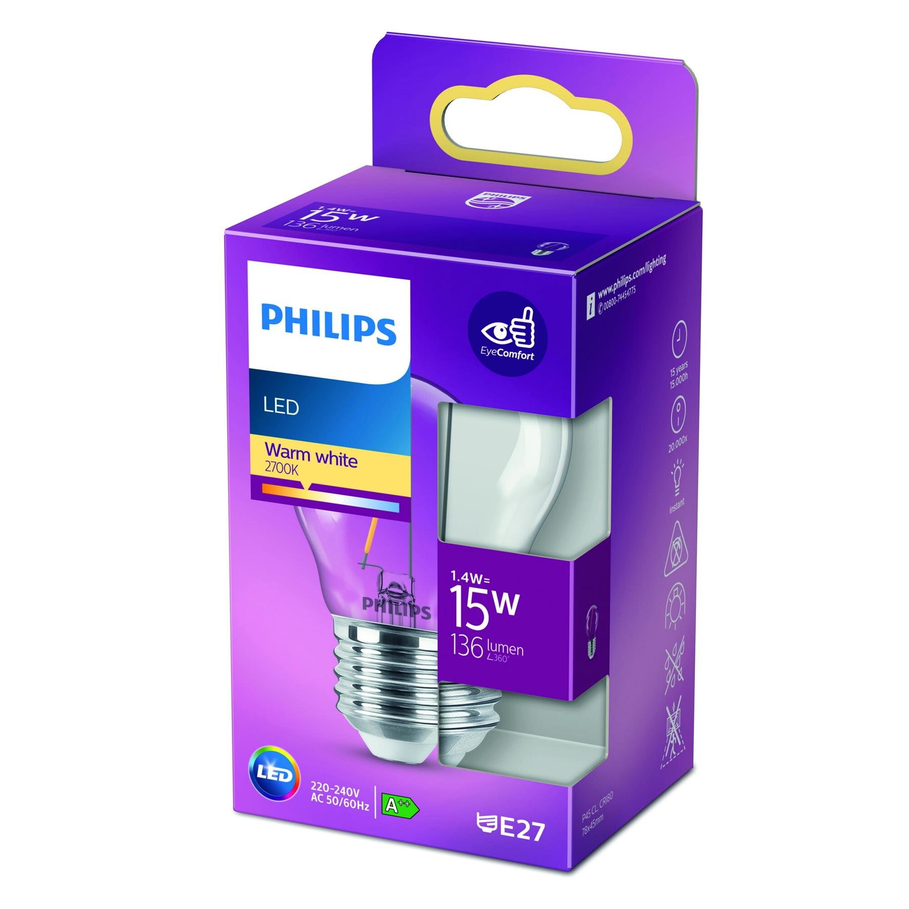 Philips LED Kogellamp Transparant - 15 W - E27 - warmwit licht