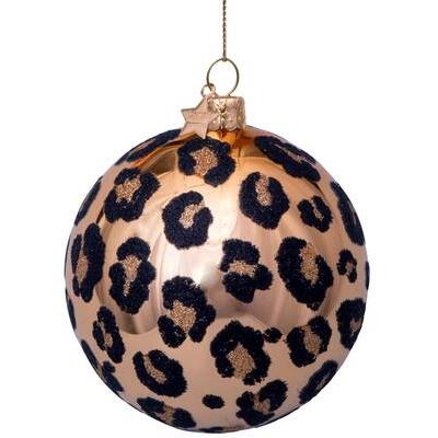 Vondels Glazen kerstbal goud met luipaard print H8cm