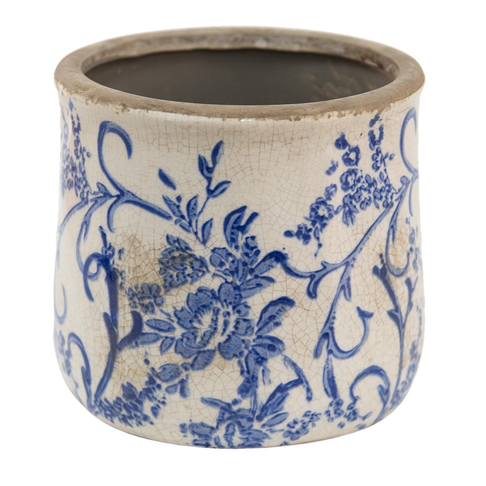 Clayre & Eef Bloempot  Ø 17x16 cm Blauw Wit Keramiek Rond Bloemen