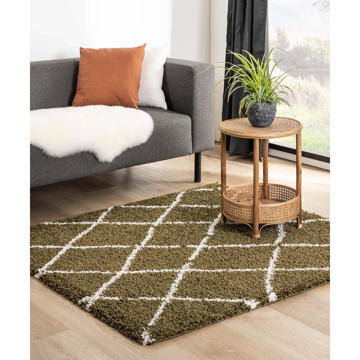 Boho&me Vierkant hoogpolig vloerkleed ruiten Habitat - olijfgroen|wit