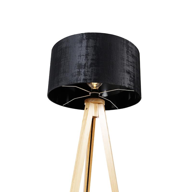 QAZQA Vloerlamp hout met stoffen kap zwart 50 cm - Tripod Classic