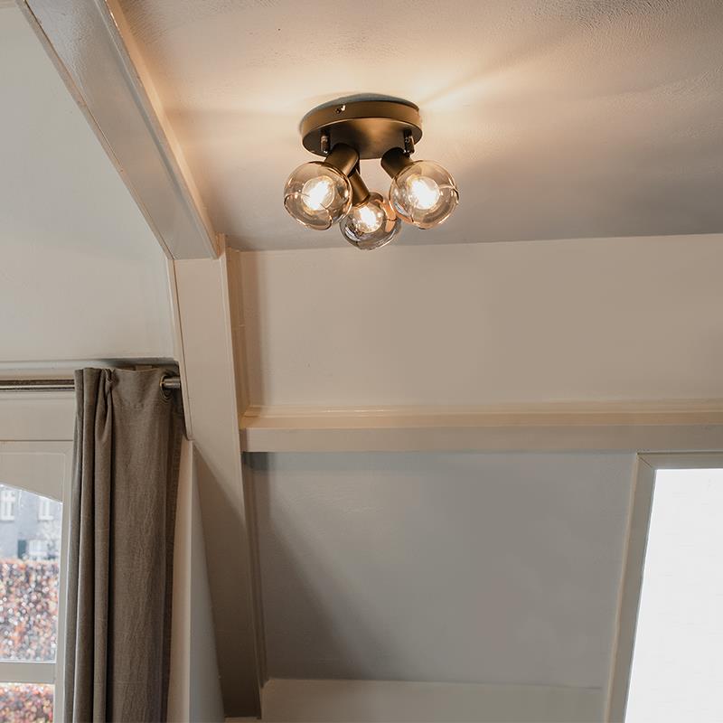QAZQA Plafondspot zwart met smoke glas 3-lichts - Vidro