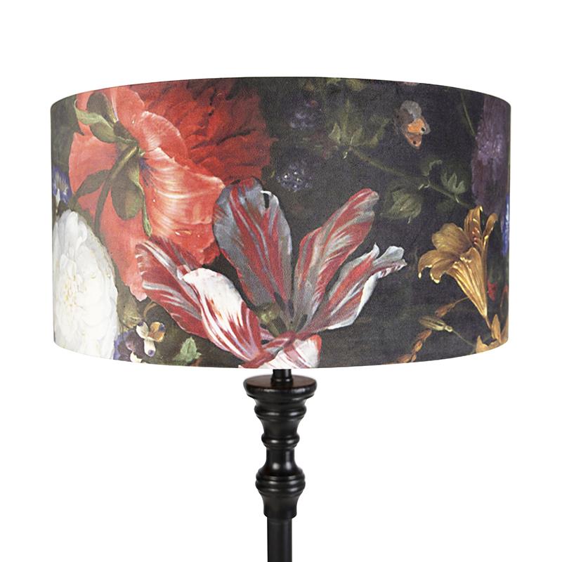 QAZQA Vloerlamp zwart met velours kap bloemen goud 50 cm - Classico