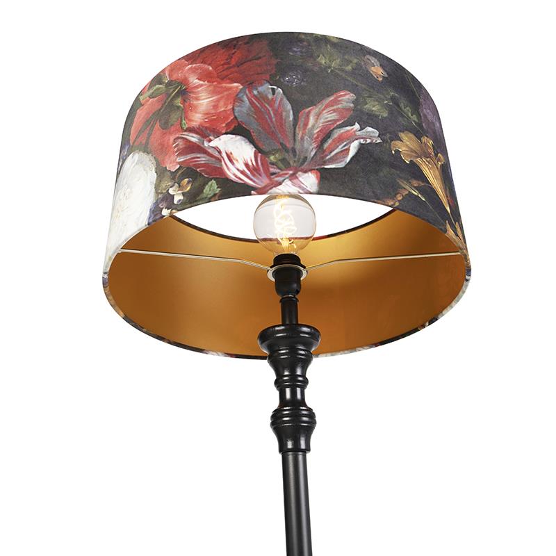 QAZQA Vloerlamp zwart met velours kap bloemen goud 50 cm - Classico