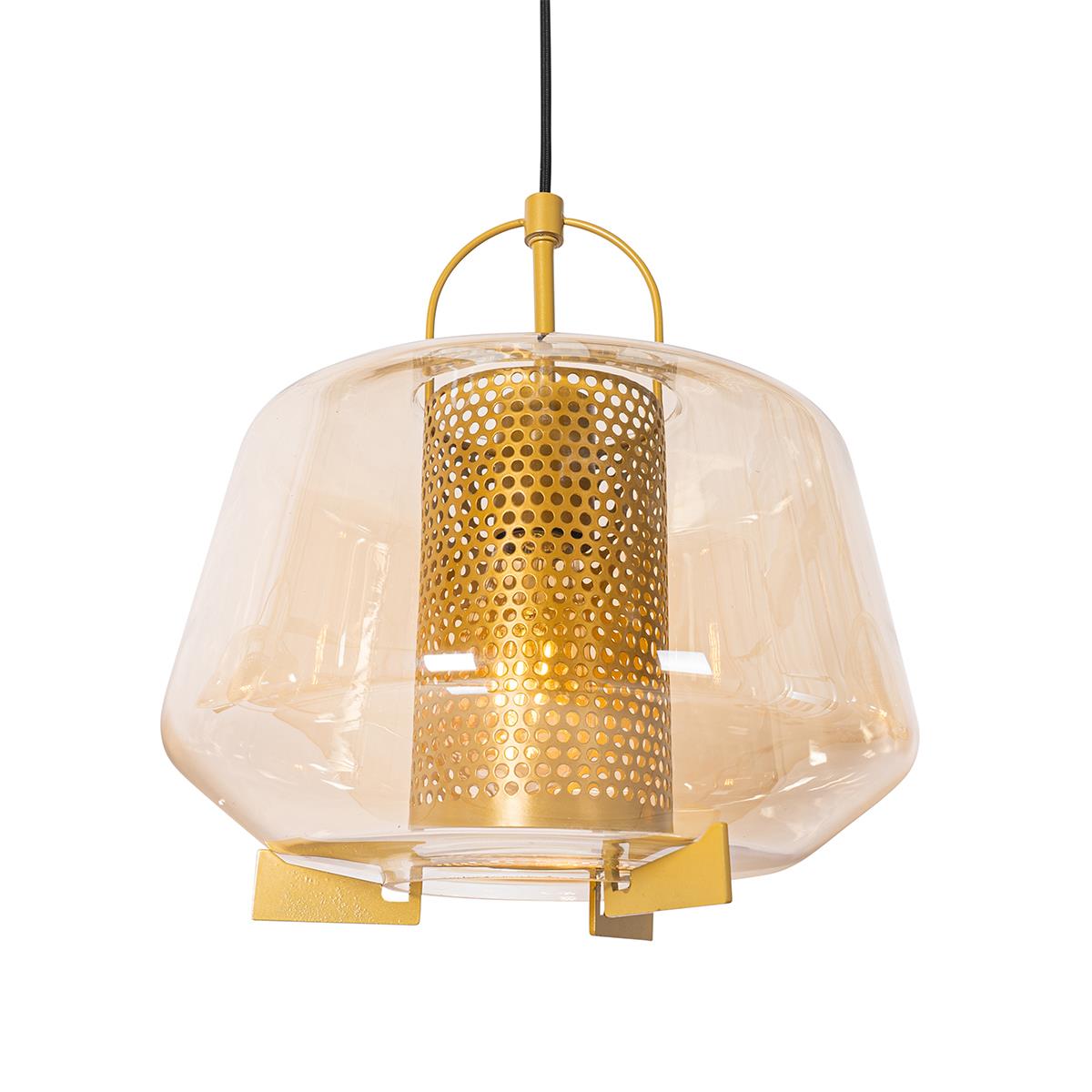 QAZQA Hanglamp goud met amber glas 30 cm langwerpig 3-lichts - Kevin