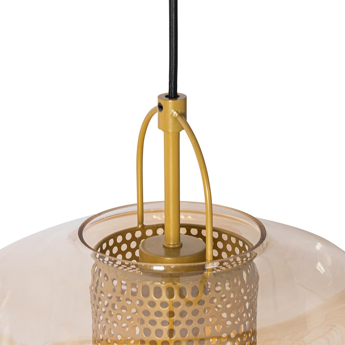 QAZQA Hanglamp goud met amber glas 30 cm langwerpig 3-lichts - Kevin