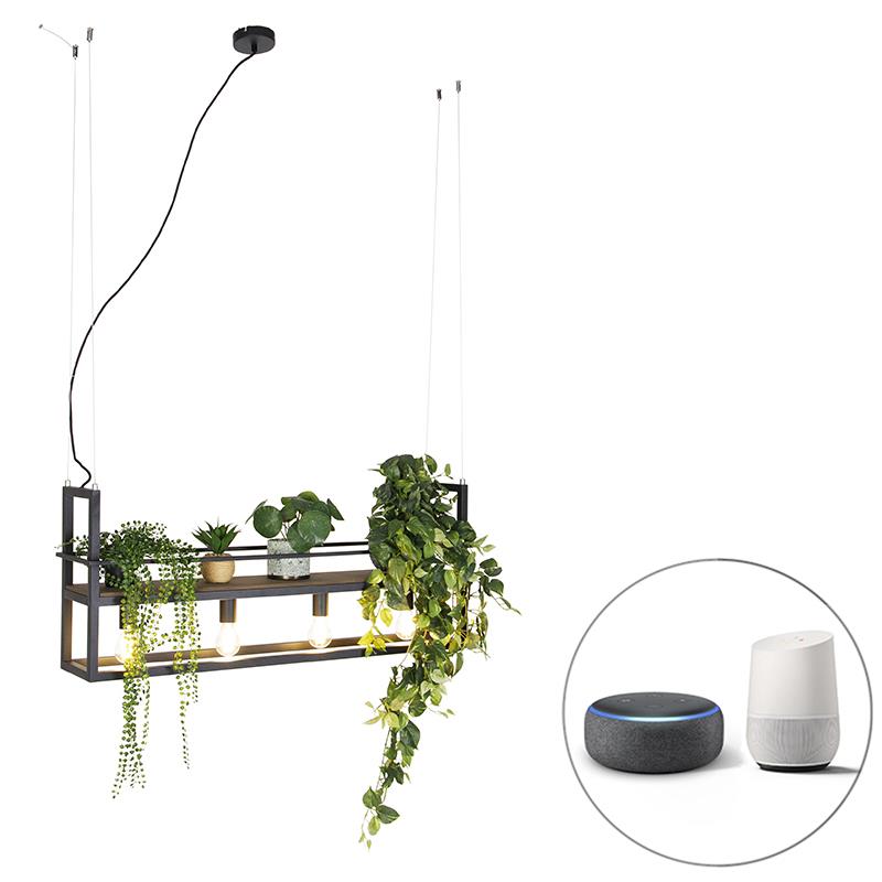 QAZQA Smart hanglamp zwart met hout en rek 4-lichts incl. Wifi A60 -