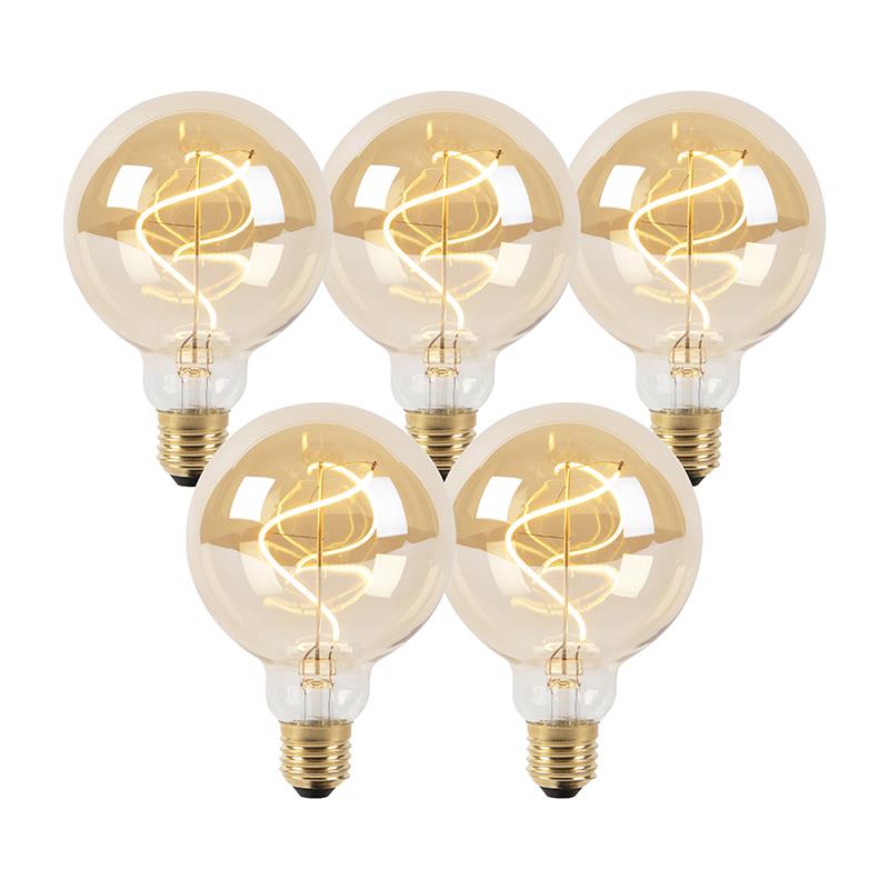 LUEDD Set van 5 E27 dimbare LED lampen spiraal G95 goud 4W 270 lm