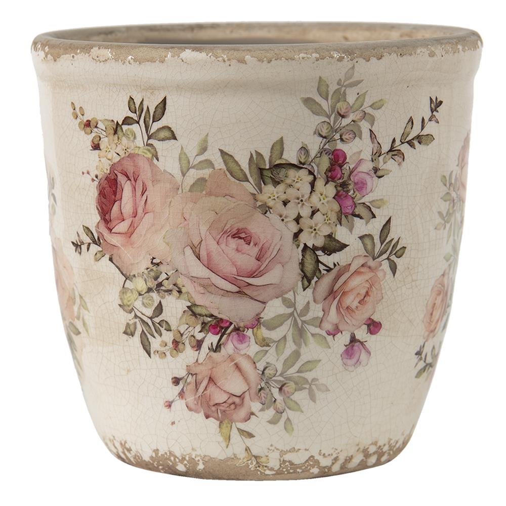 Clayre & Eef Bloempot  Ø 11x10 cm Roze Beige Keramiek Rond Bloemen