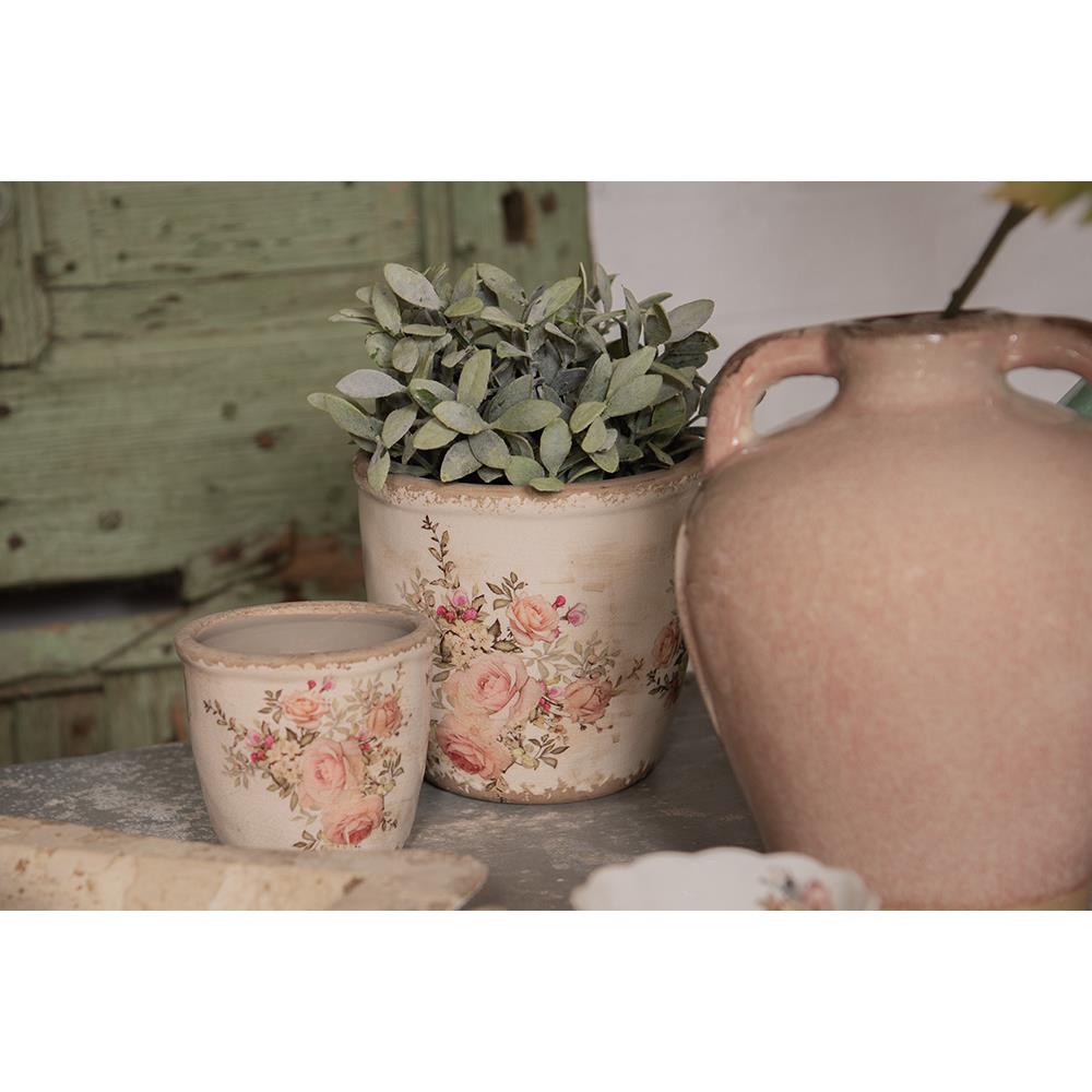 Clayre & Eef Bloempot  Ø 11x10 cm Roze Beige Keramiek Rond Bloemen