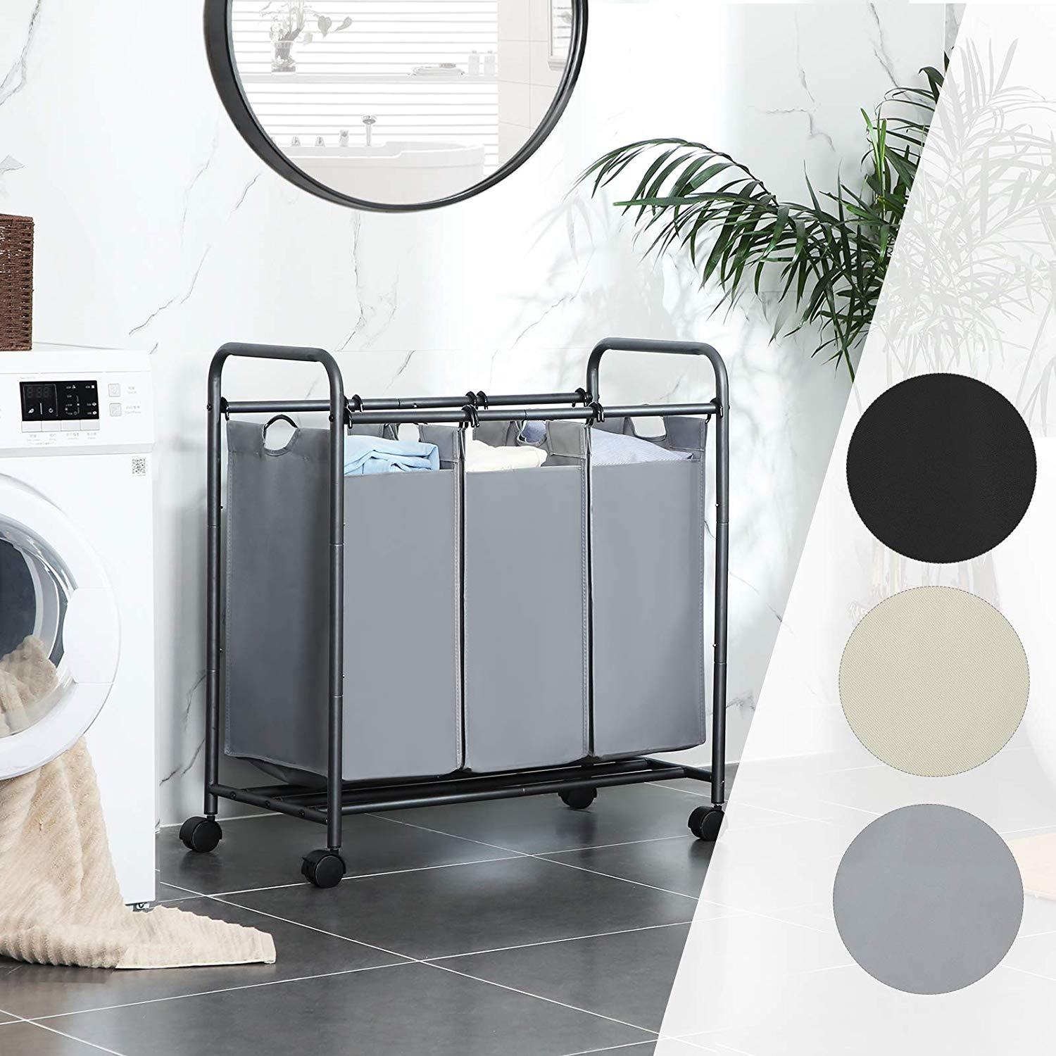 Mobiele wasmand - 3 vakken van elk 44 liter - 77x41x81.5 cm - grijs
