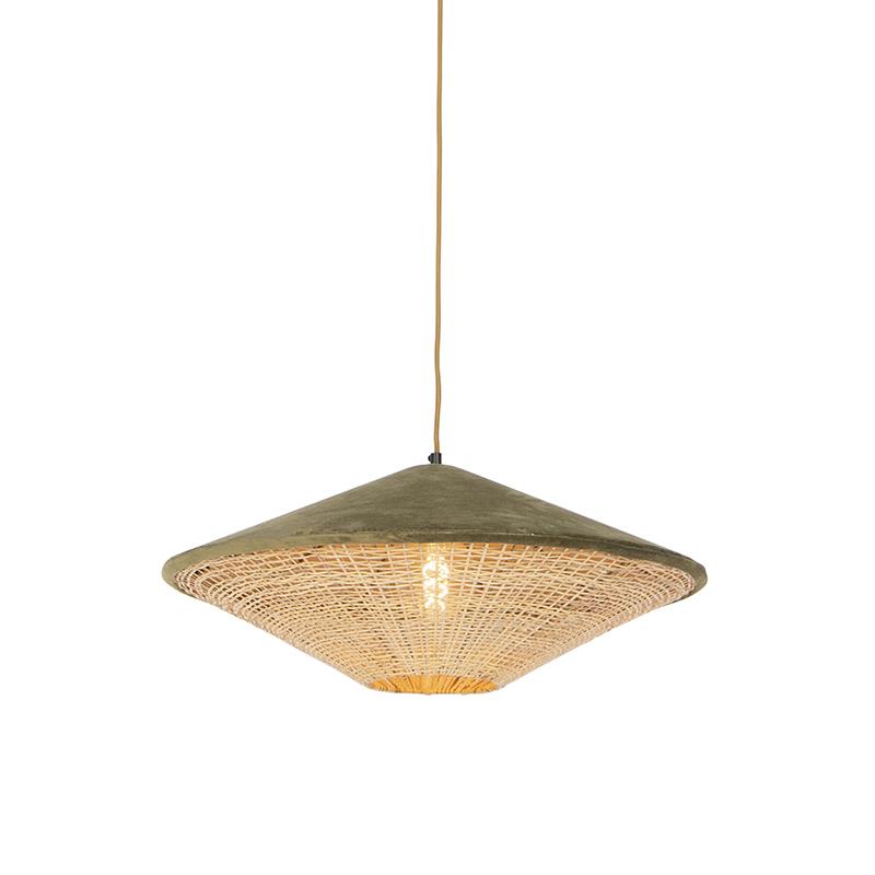 QAZQA Landelijke hanglamp groen velours met rotan 60cm - Frills Can