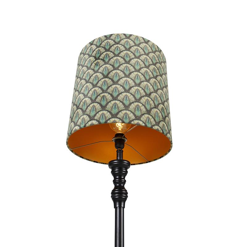 QAZQA Klassieke vloerlamp zwart met kap pauw dessin 40 cm - Classico