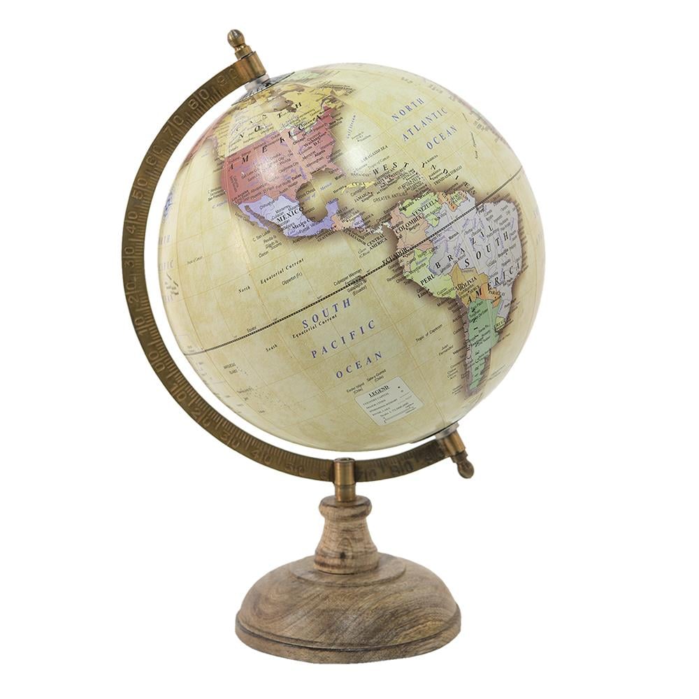 Clayre & Eef Wereldbol  22x33 cm Geel Hout Ijzer Globe
