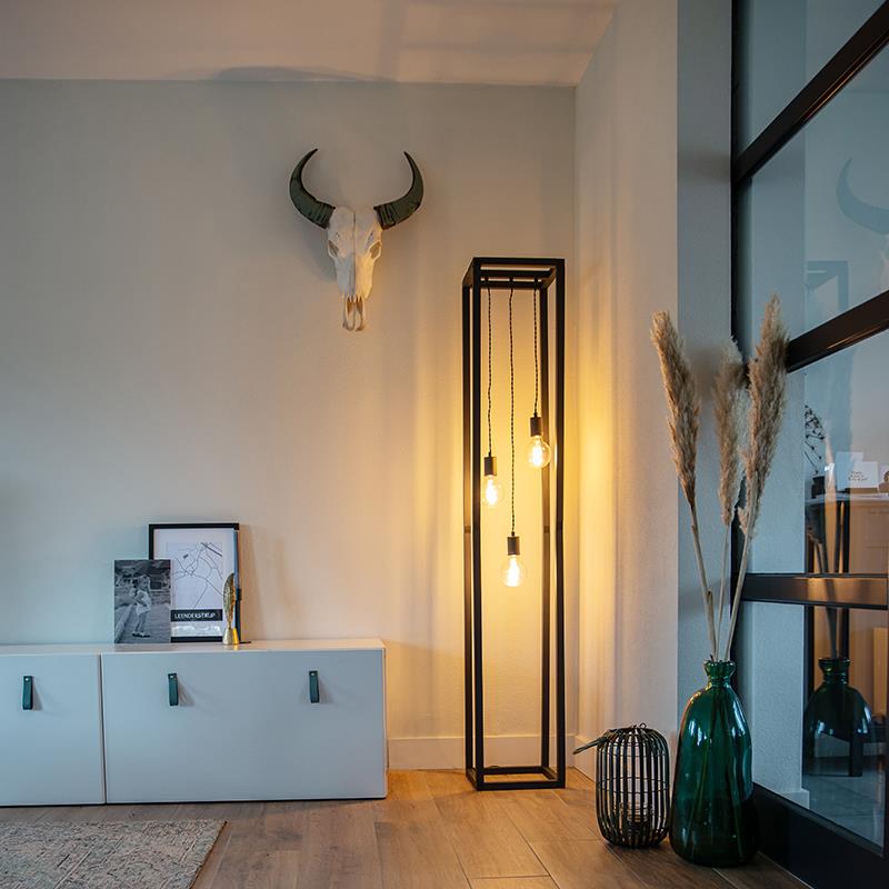 QAZQA Industriële vloerlamp zwart 3-lichts - Big Cage