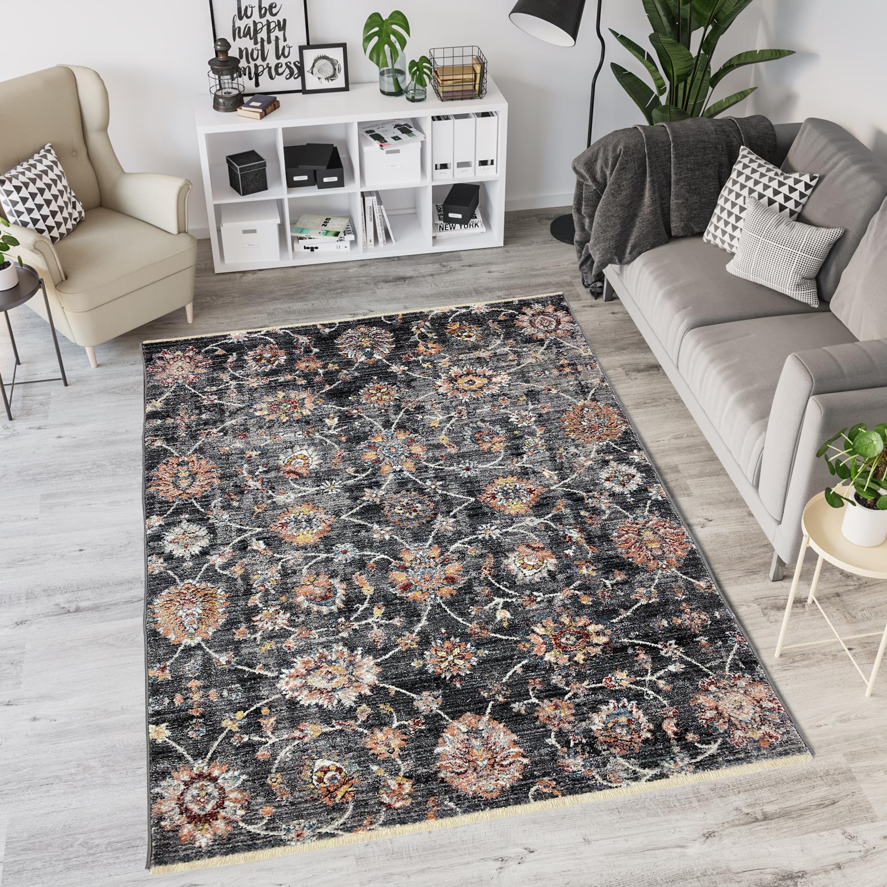 Flycarpets Lorenzo Antraciet Vloerkleed Gebloemd