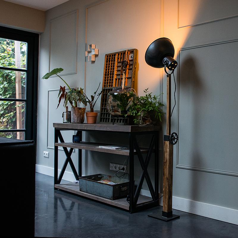 QAZQA Industriele vloerlamp donkergrijs met mango hout - Mangoes