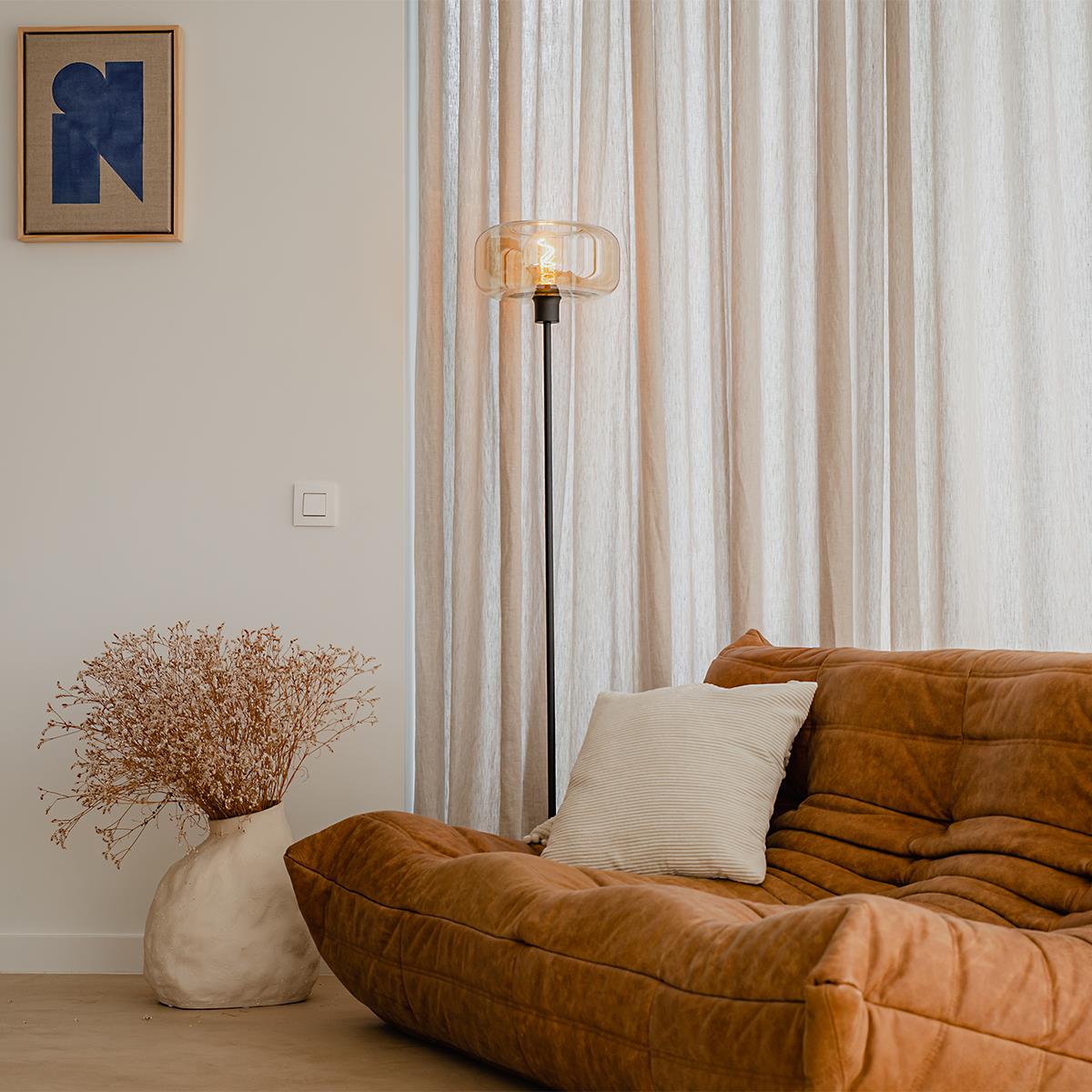 QAZQA Art deco vloerlamp zwart met amber glas - Bizle