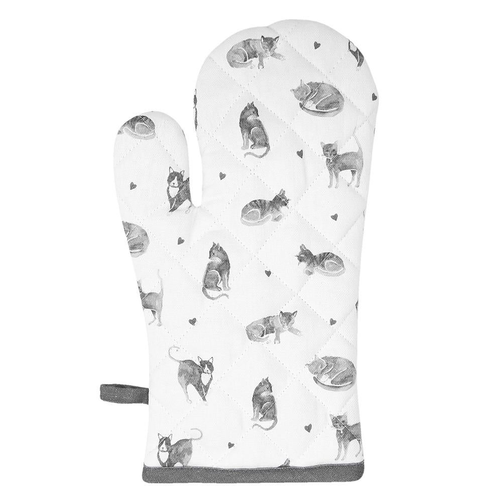 Clayre & Eef Ovenwant  18x30 cm Grijs Wit Katoen Katten Ovenhandschoen