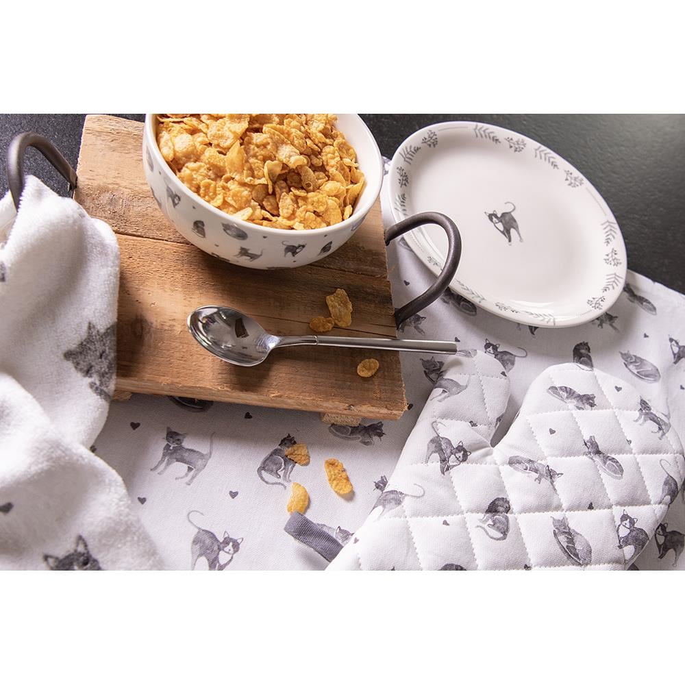 Clayre & Eef Ovenwant  18x30 cm Grijs Wit Katoen Katten Ovenhandschoen
