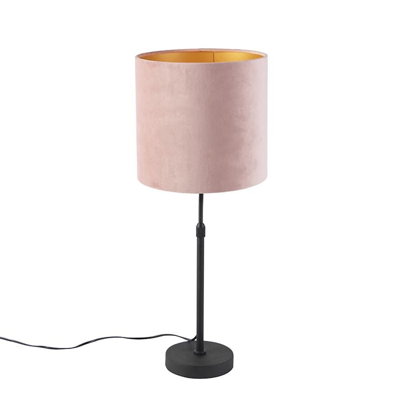 QAZQA Tafellamp zwart met velours kap roze met goud 25 cm - Parte