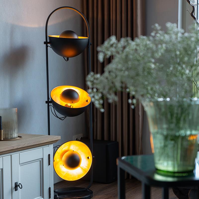QAZQA Industriële vloerlamp zwart met goud 3-lichts - Magnax