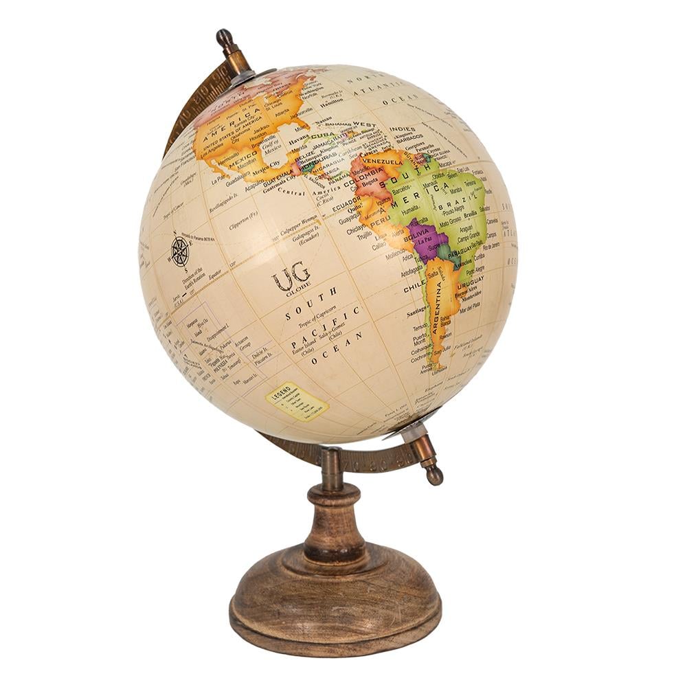 Clayre & Eef Wereldbol  22x37 cm Beige Bruin Hout Ijzer Rond Globe