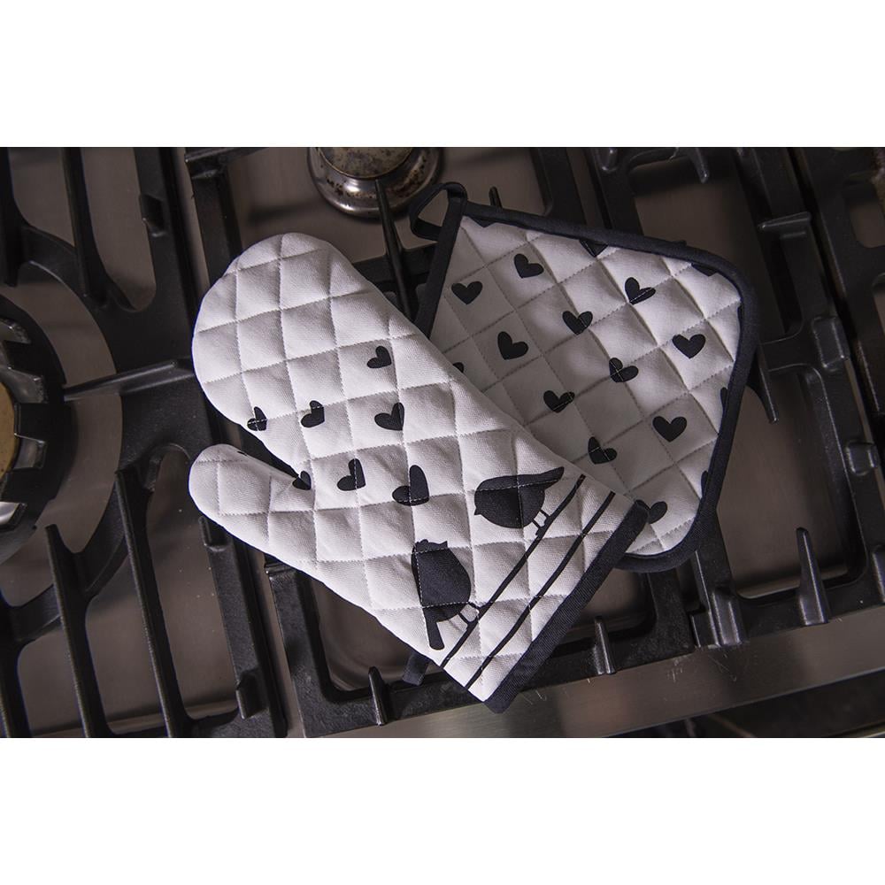 Clayre & Eef Ovenwant  18x30 cm Wit Zwart Katoen Harten Vogels
