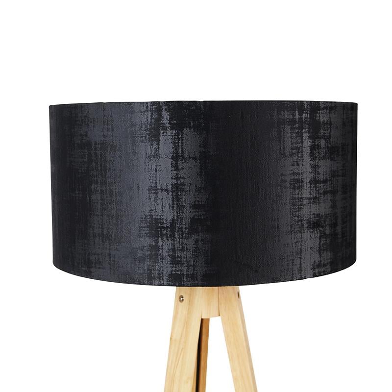 QAZQA Vloerlamp hout met stoffen kap zwart 50 cm - Tripod Classic