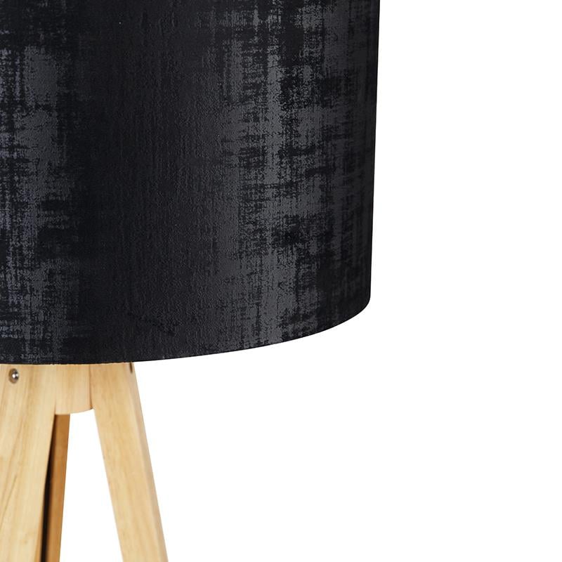 QAZQA Vloerlamp hout met stoffen kap zwart 50 cm - Tripod Classic