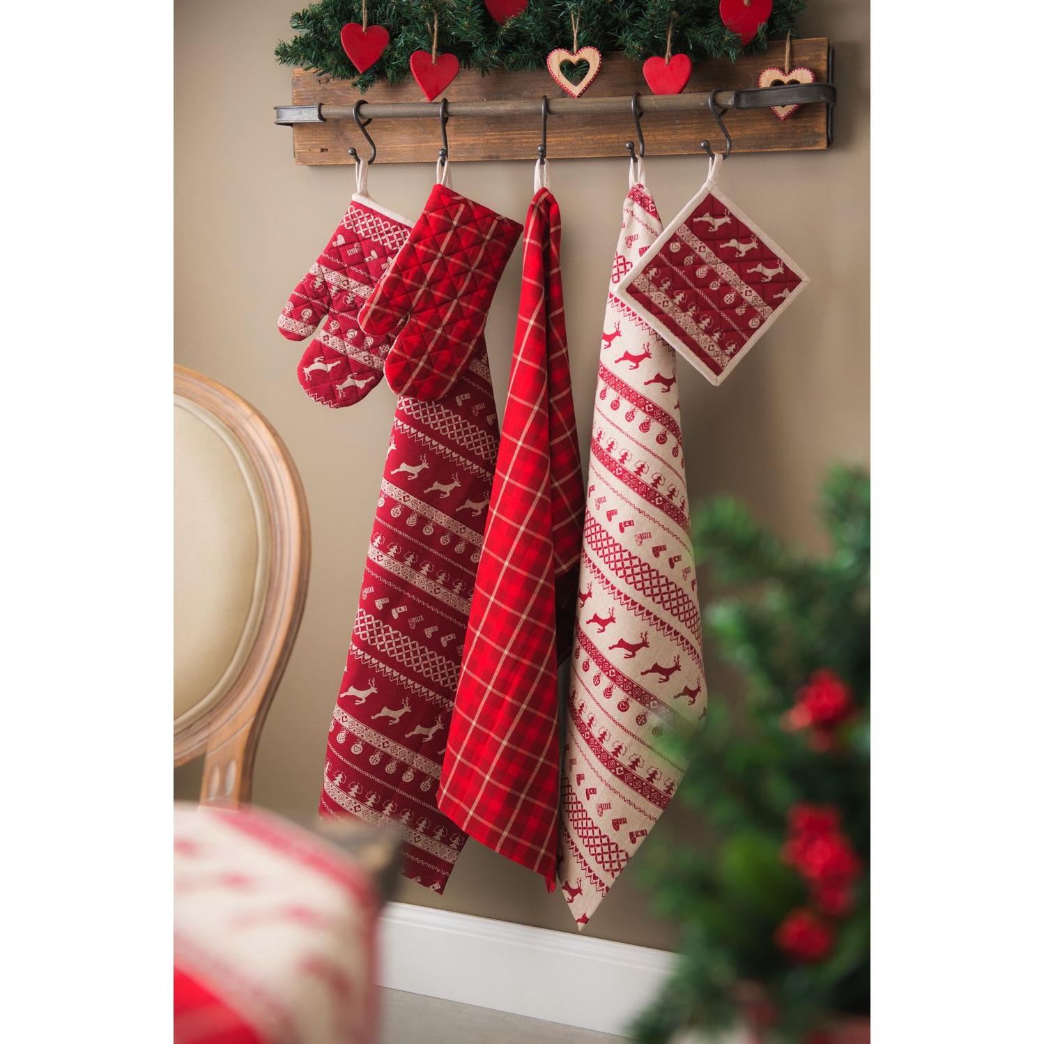 Clayre & Eef Keukenschort  70x85 cm Rood Beige Katoen Kerst BBQ Schort