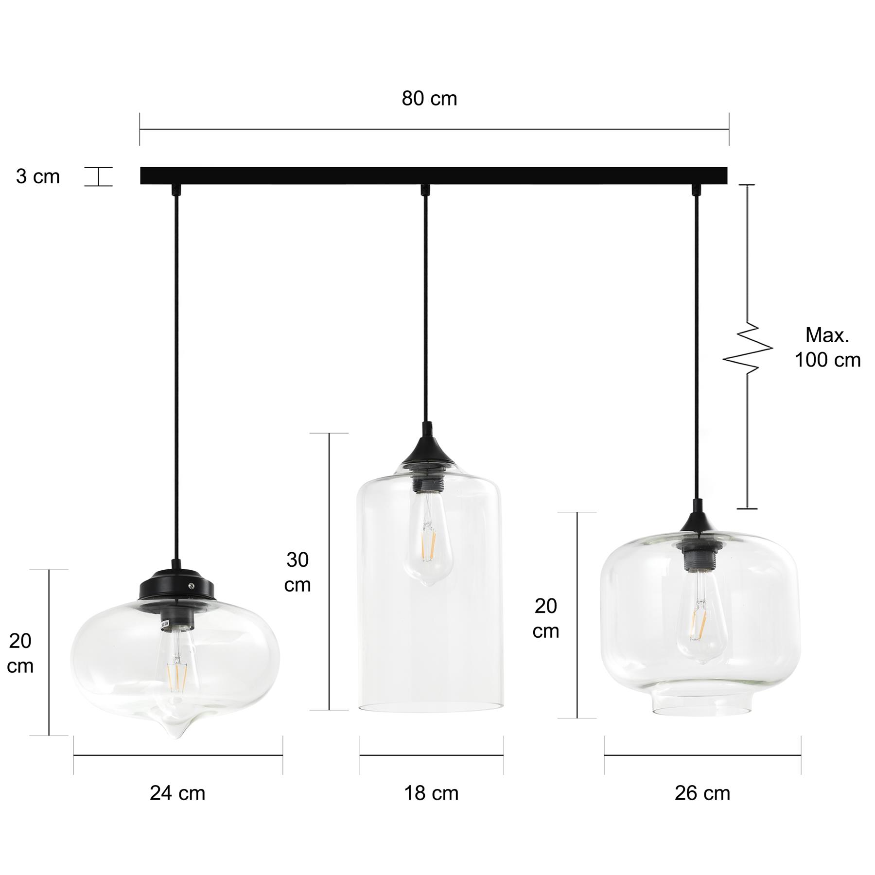 QUVIO Hanglamp glas 3-lichts zwart  - QUV5124L-BLACK