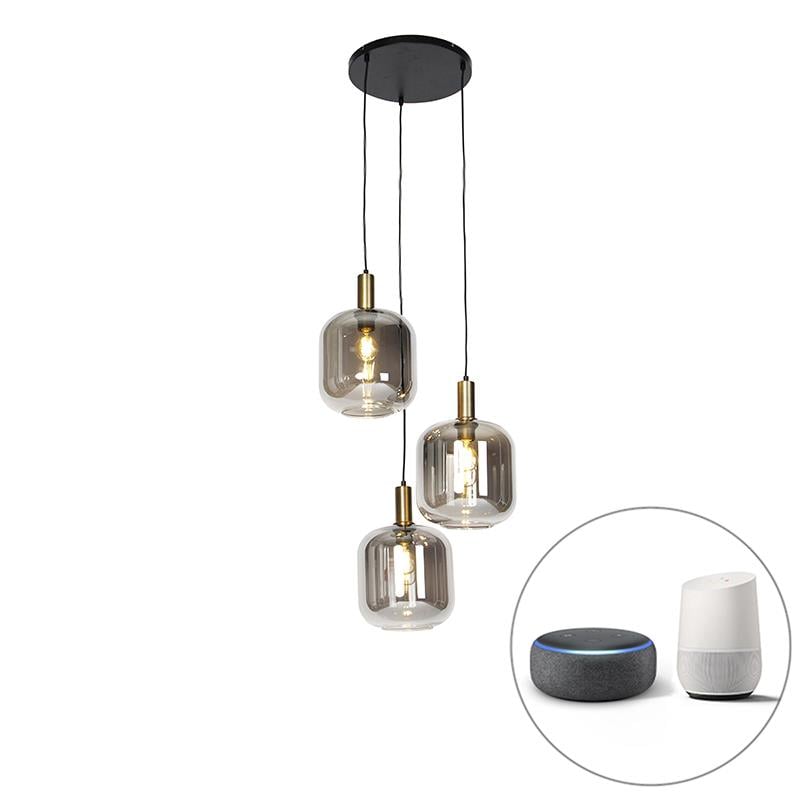 QAZQA Smart hanglamp zwart met smoke glas 3-lichts incl. Wifi A60 -