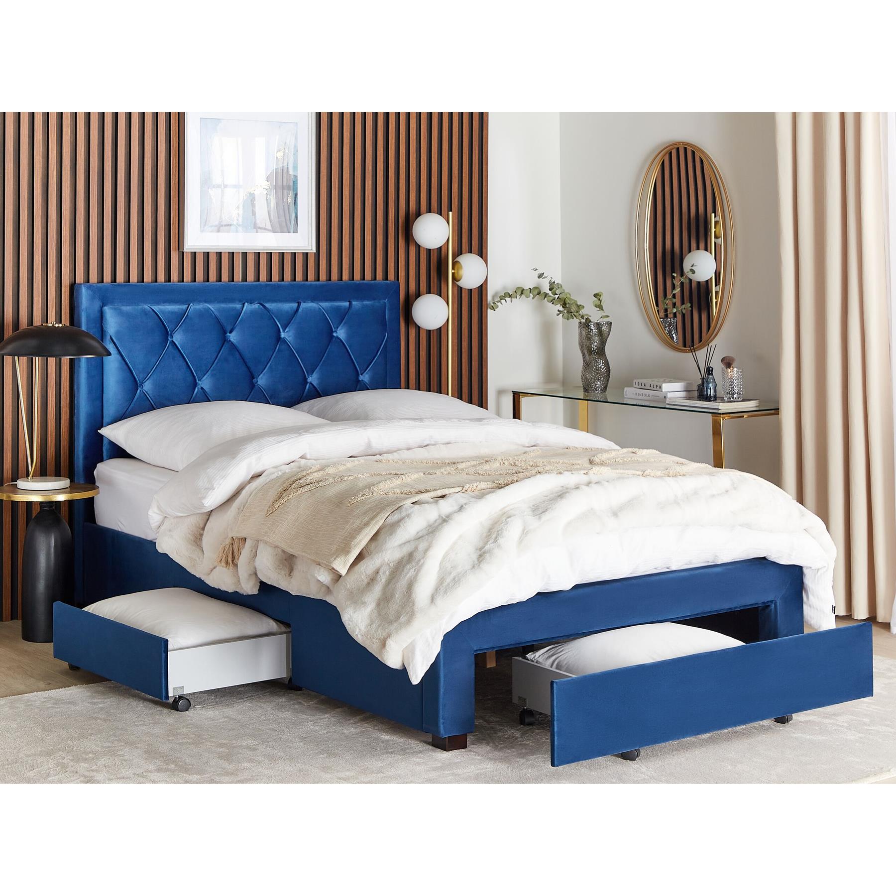 Beliani-LIEVIN-Bed met opbergruimte-Blauw-140 x 200 cm-Fluweel