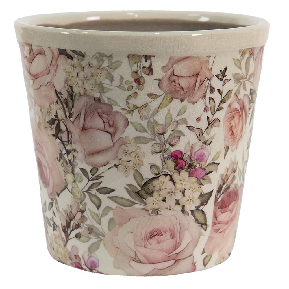 Clayre & Eef Bloempot  Ø 12x11 cm Wit Roze Keramiek Rond Bloemen