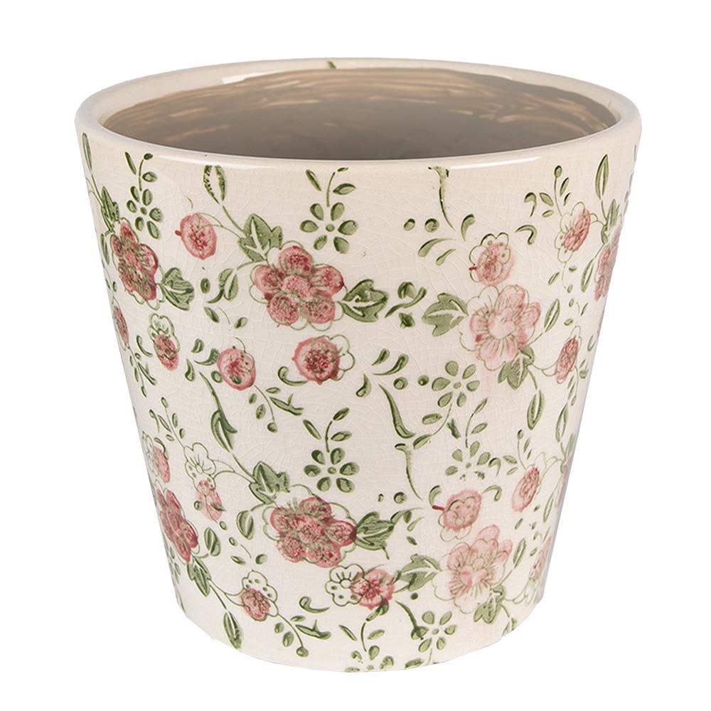 Clayre & Eef Bloempot  Ø 14x13 cm Roze Beige Keramiek Bloemen Bloempot